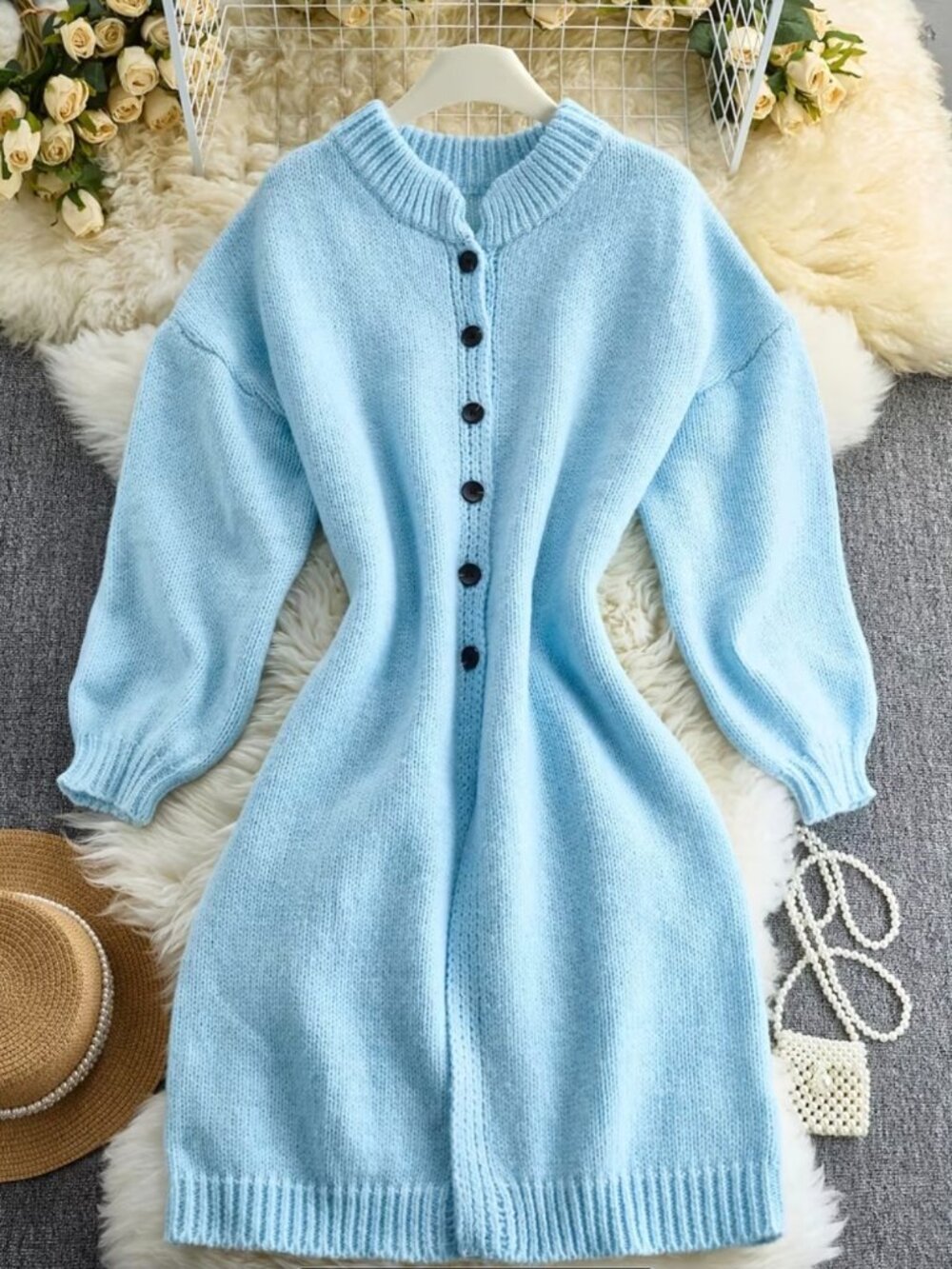 Women's Stand Collar Long Cardigan, Slouchy Drop Shoulder Lantern Sleeve - Picture 2 of 6